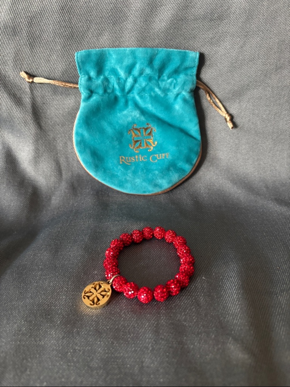 Rustic Cuff Red Sparkle Beaded Bracelet with Gold Charm